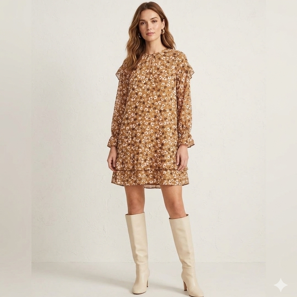 Who What Wear/bohemia Ruffles Long Sleeve Dress in Brown and Pink Floral
